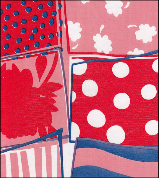 Crazy Quilt Red oilcloth Swatch with dots stripes flowers