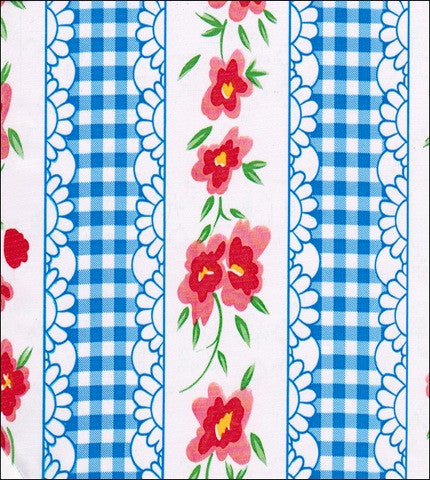 RedFlowers and Blue Gingham on white oilcloth
