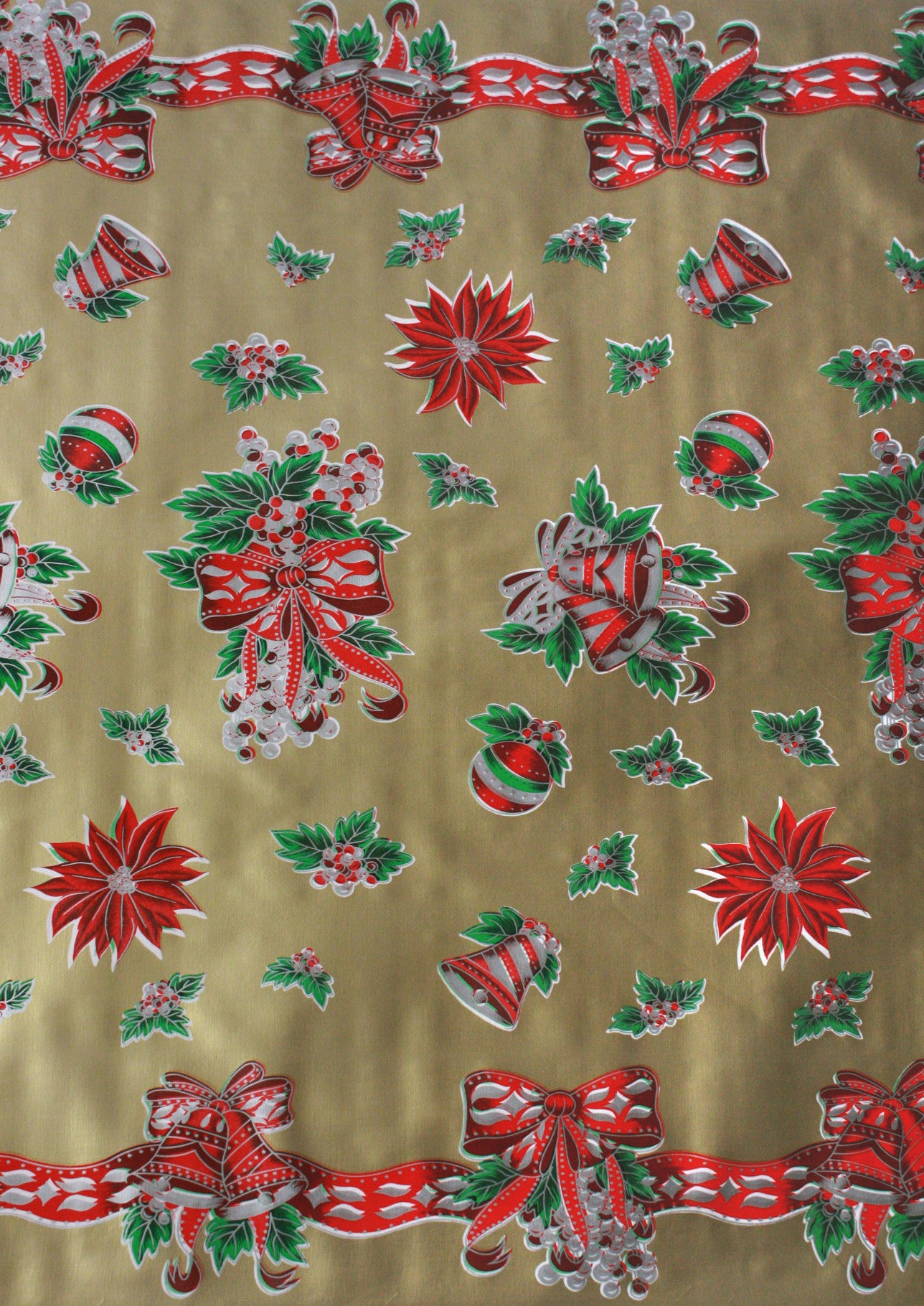 oilcloth by the yard christmas bells and bows gold swatch
