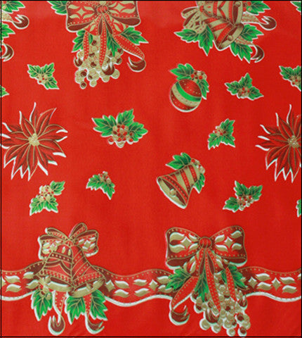 Christmas Bells and Bows on Red oilcloth