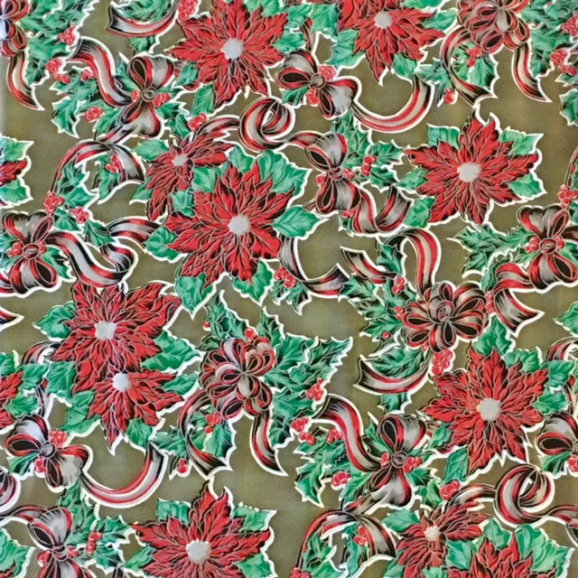 oilcloth by the yard christmas ribbons and holly gold swatch 2