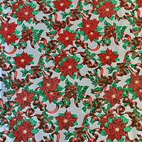 OiChristmas Ribbons & Holly on Silver oilcloth swatch