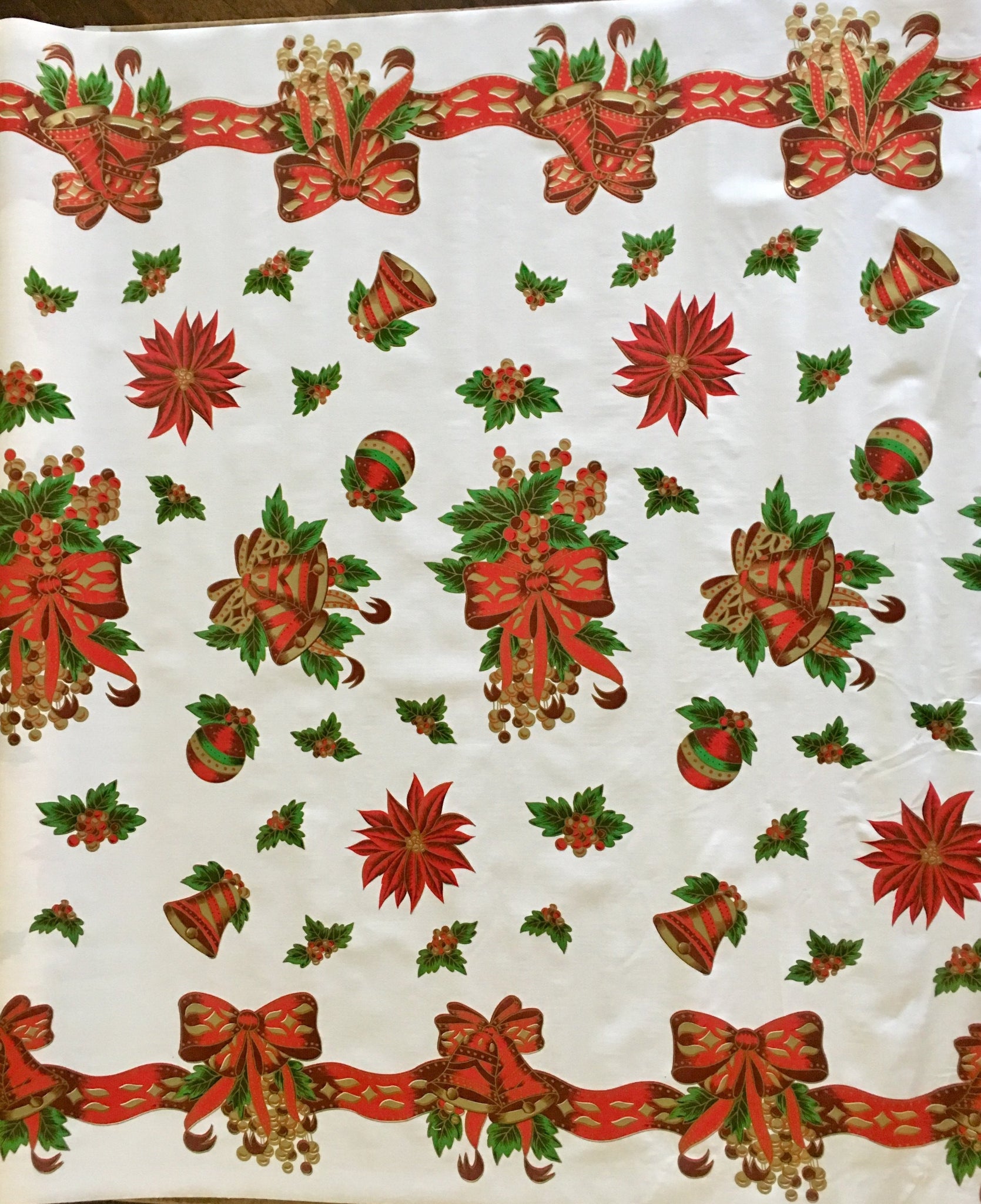 oilcloth by the yard christmas bells and bows white swatch