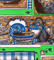 Kitchen scene with Blue Gingham & Solid Lime oilcloth