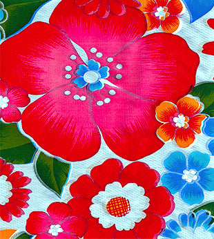 Oilcloth fabric swatch red blue pink flowers  on silver background