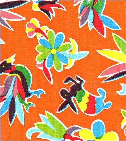 Oilcloth fabric swatch rabbits birds animals flowers on solid orange background