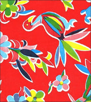 Oilcloth fabric swatch birds flowers and animals on solid red background