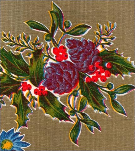 Poinsettias  and pinecones on Gold oilcloth swatch