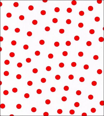 Red polka dots on solid white oilcloth fabric
