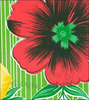 Oilcloth fabric swatch large red yellow tropical flowers on narrow lime stripe background