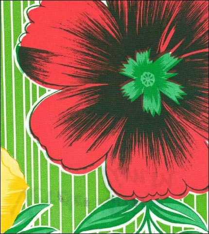 Oilcloth fabric swatch large red yellow tropical flowers on narrow lime stripe background