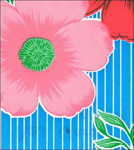 Oilcloth Fabric Swatch: Large pink red flowers on light blue narrow stripe background
