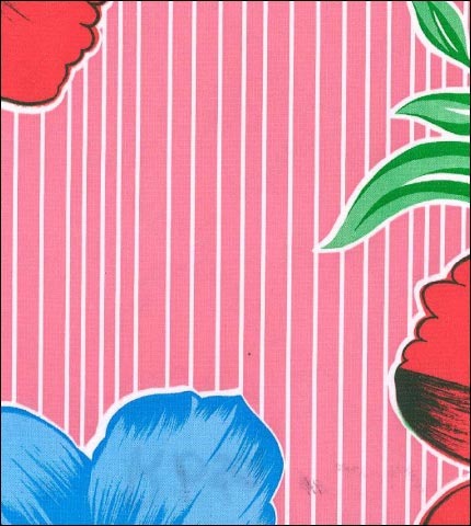 Oilcloth fabric swatch large tropical red blue flowers on pink narrow stripe background