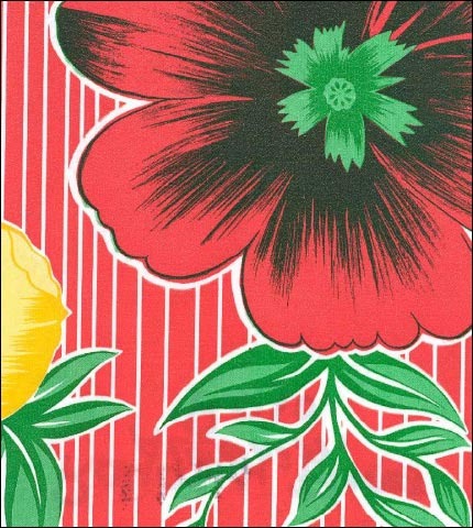 Oilcloth Fabric Swatch large red yellow tropical flowers on red narrow stripe background