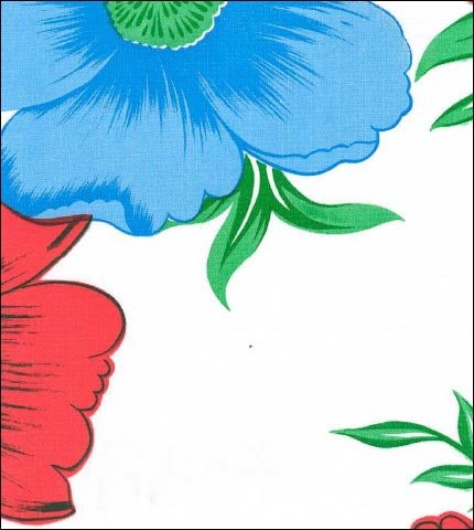 Oilcloth fabric swatch Large red blue tropical flowers on solid white background