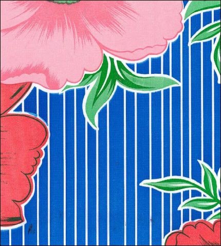 Oilcloth fabric swatch large pink red tropical flowers on narrow blue stripe background