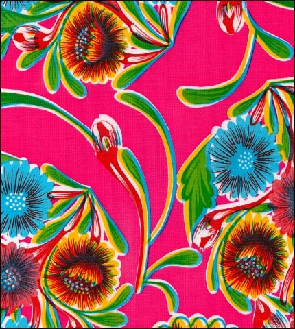 55" Wide Bloom Flowers on solid Pink Oilcloth