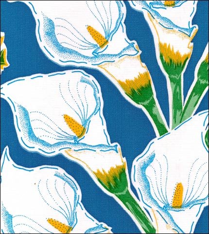 Calla Lillies on Blue oilcloth fabric