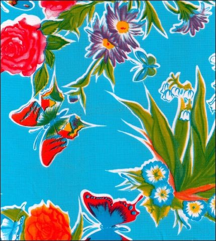  Butterflies  and roses on light Blue oilcloth fabric