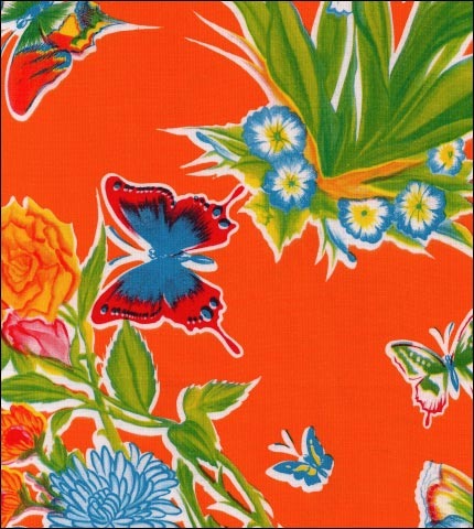Butterflies and flowers on Orange oilcloth swatch