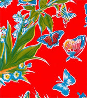 Butterflies and roses  on Solid Red oilcloth fabric
