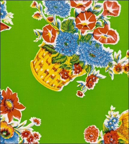Flower Baskets on Lime oilcloth fabric