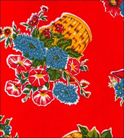 Flower Baskets on solid Red oilcloth