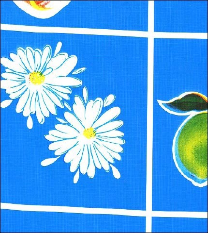 oilcloth by the yard fruit and daisy royal blue swatch