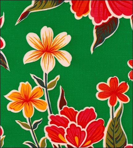 Hawaiian flowers on  Green oilcloth fabric swatch