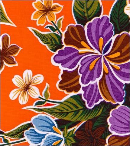 Hawaiian flowers on Orange oilcloth fabric swatch