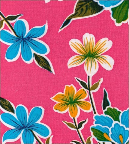 Hawaiian flowers on pink oilcloth Fabric swatch