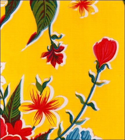 Oilcloth fabric swatch: red, yellow, blue hibiscus flowers on solid yellow background
