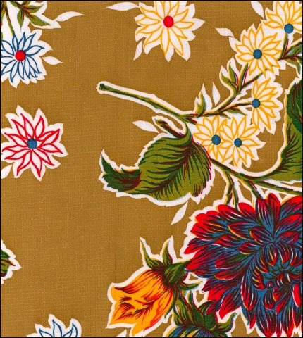 Mums on Tan oilcloth fabric swatch