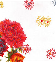 Oilcloth fabric swatch  red yellow blue chrysanthemums on solid white background