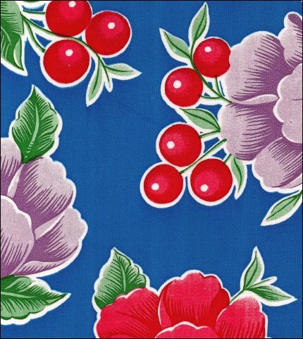 Poppies on Blue oilcloth fabric