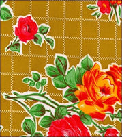 Roses  and grid on Tan oilcloth