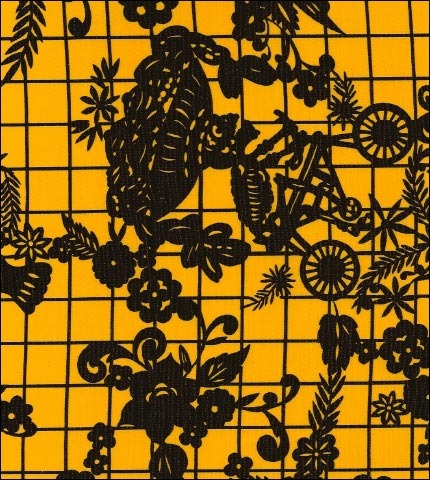 OilclothByTheYard.com Day of The Dead Black on Yellow oilcloth with skeletons on bikes and flowers
