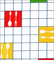 Forks and Spoons on Blue grid oilcloth swatch