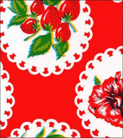 Doily 2 on red oilcloth fabric with exotic fruit and flowers on large doilies