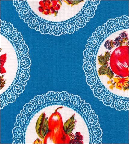 Doilies  with fruit and flowers on Blue oilcloth fabric