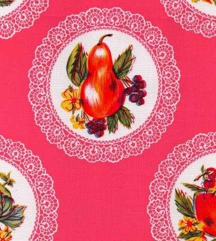 Doilies with fruits on  Pink oilcloth swatch