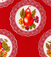 Doilies with fruit on Red oilcloth swatch
