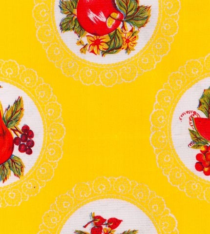 Doilies with fruit  on Yellow oilcloth swatch