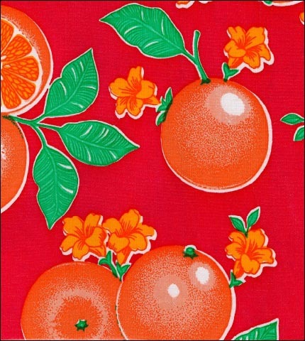 Oranges on Red oilcloth fabric