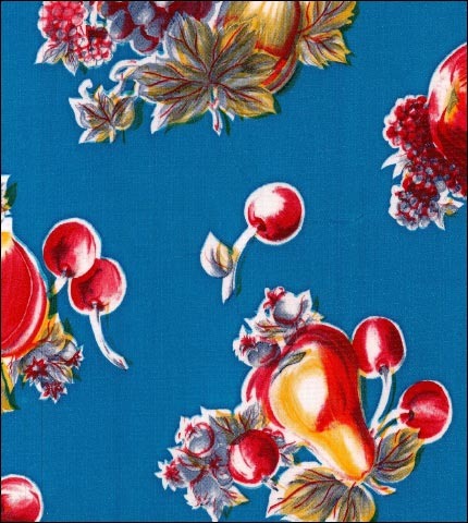  Retro Blue oilcloth fabric with apples pears grapes 
