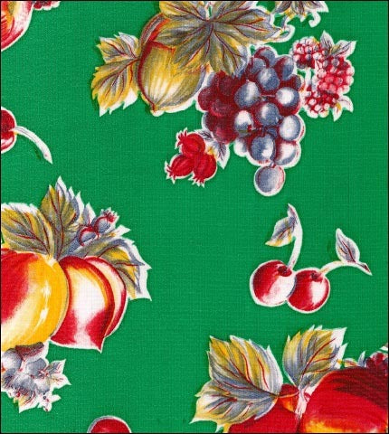 Retro Green  oilcloth pears apples grapes on green