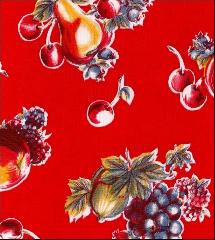 OilclothRetro Red grapes apples pears on solid red oilcloth