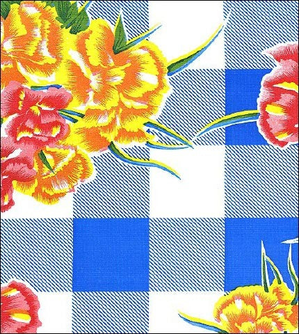 Carnations on blue buffalo Check gingham oilcloth