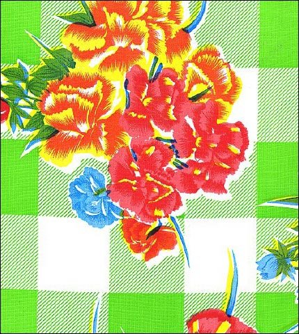 Carnations on  Lime Buffalo Check gingham oilcloth