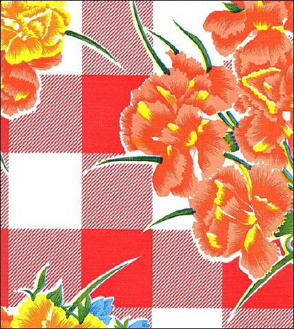 oilcloth by the yard gingham and flowers red swatch